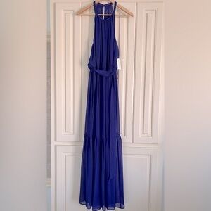 Jessica Simpson Long Blue Halter Maxi Dress Scalloped Back NWT
